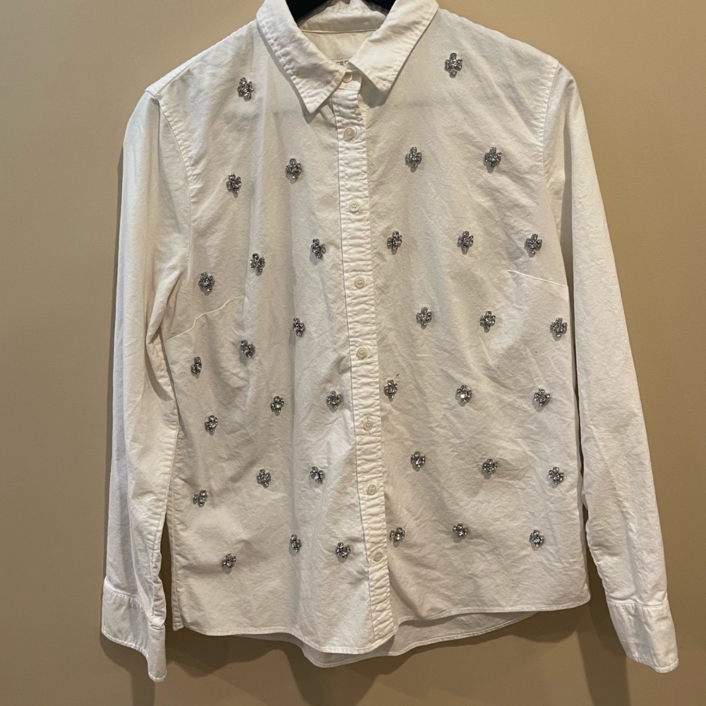J Crew Women’s White Long-Sleeve Jeweled Button-Down Shirt • Size Medium